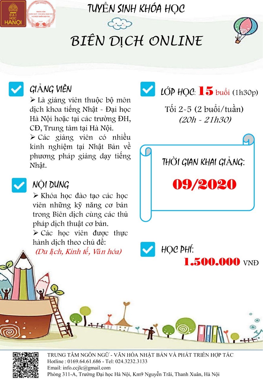 THÔNG BÁO TUYỂN SINH LỚP HỌC BIÊN DỊCH ONLINE (T9-2020)